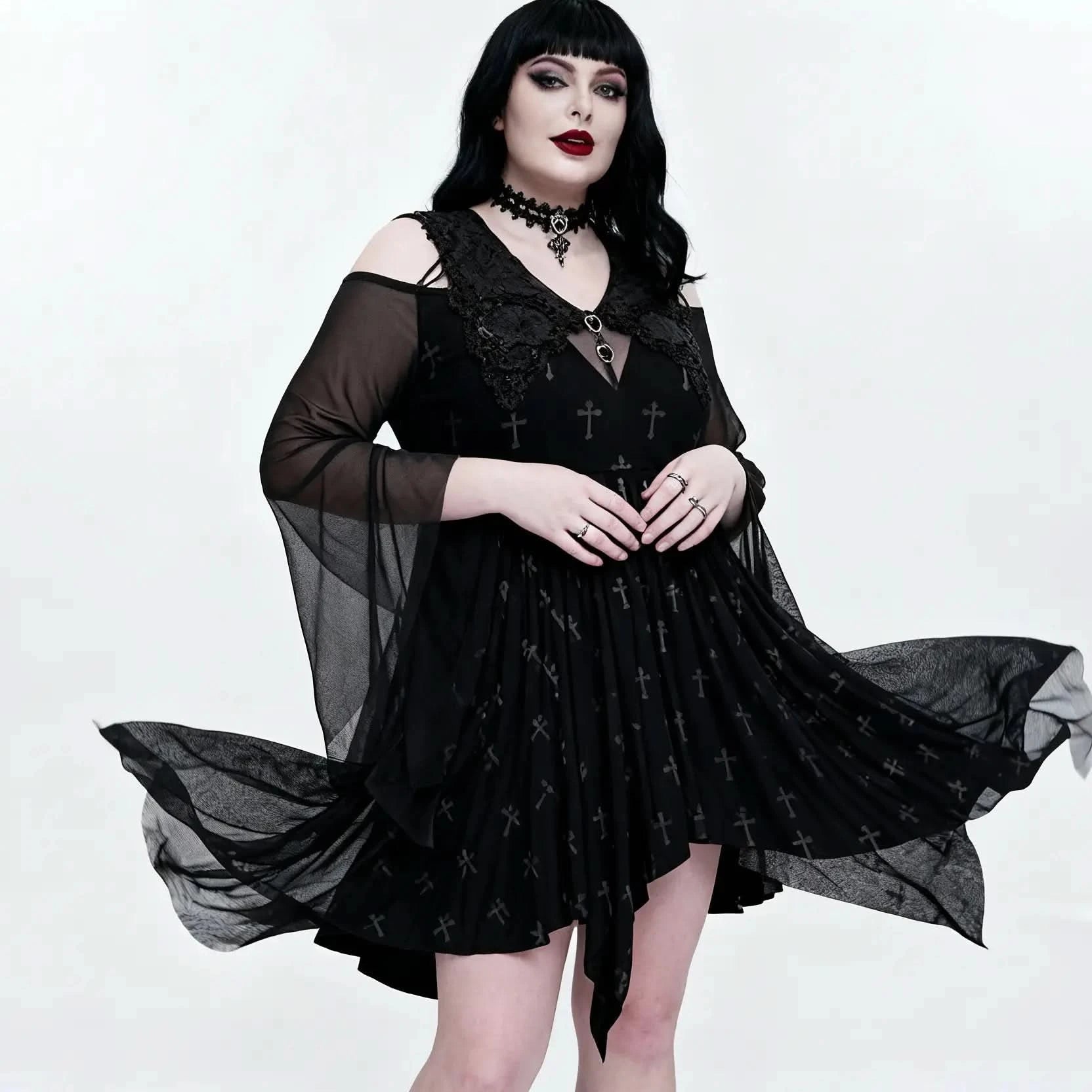Pitch Black' Gothic Crucifix Print Dress