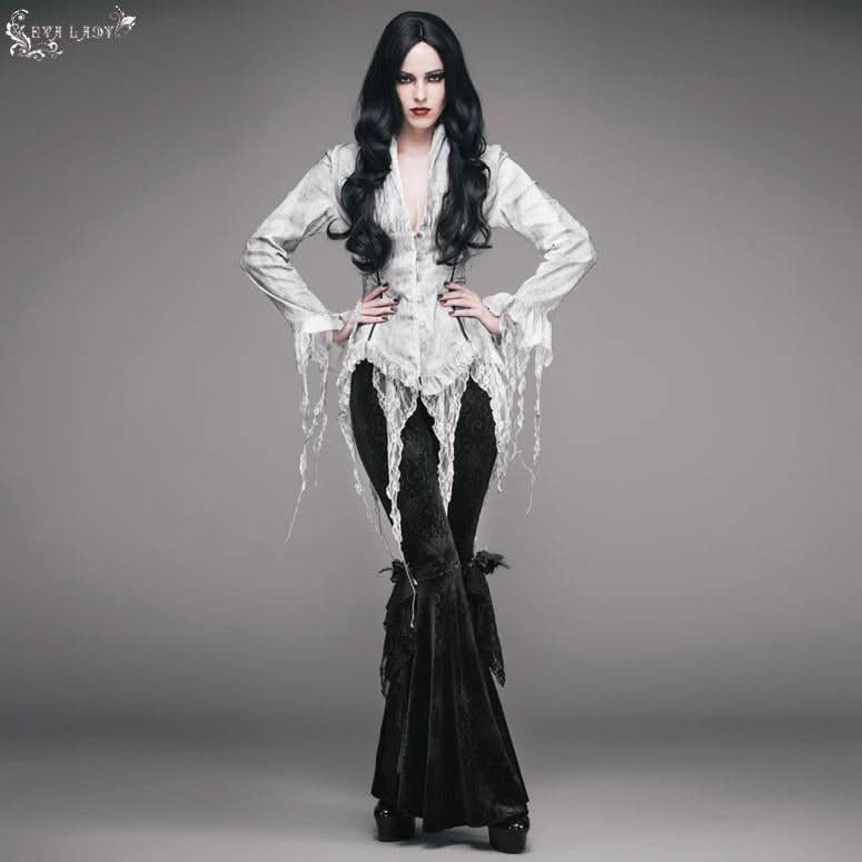 Daily Lace Tassels Sexy Women Long Sleeves Lace Up Printed White Blouse