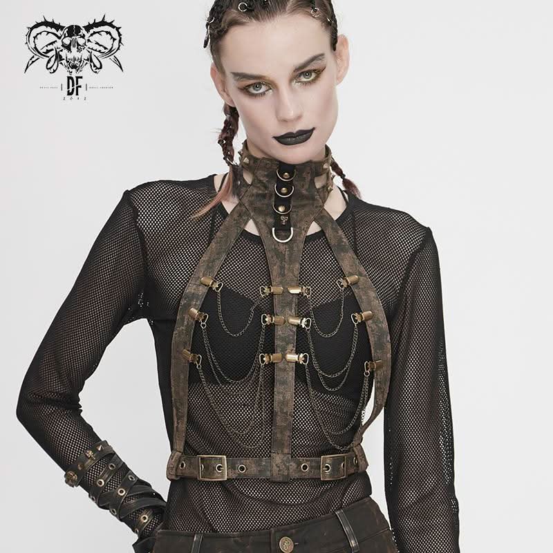 Steampunk Accessories Brown Women Distressed Body Harness With Chains