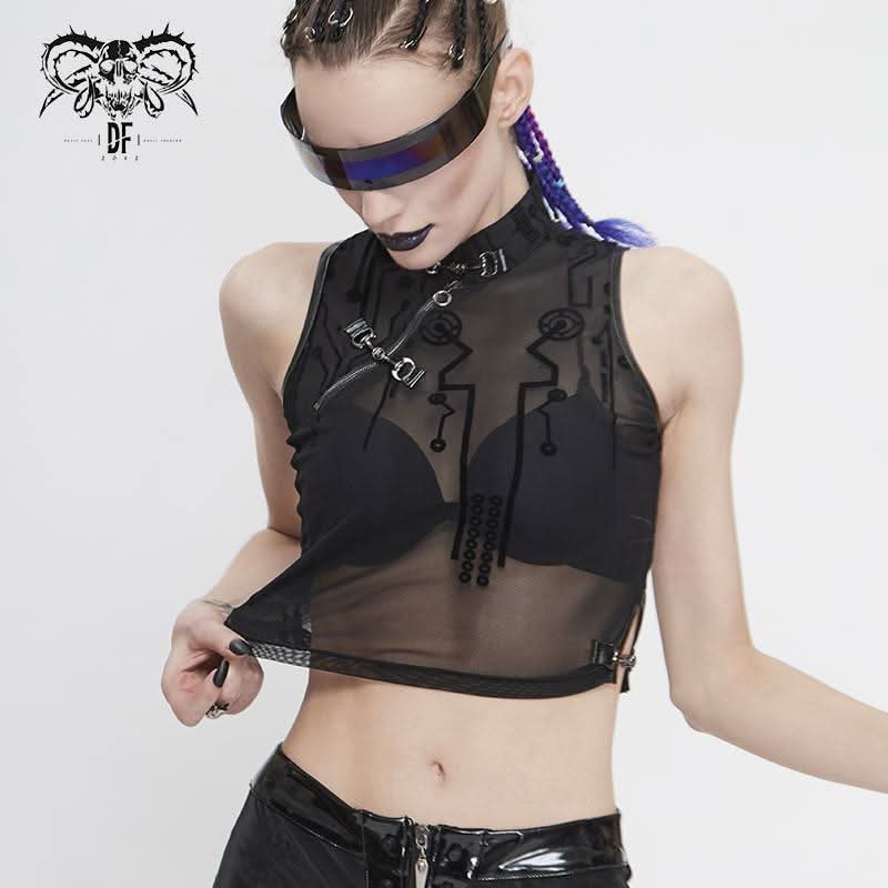 Tt170 Cyberpunk Flocking Mesh Stand Collar Short T Shirt