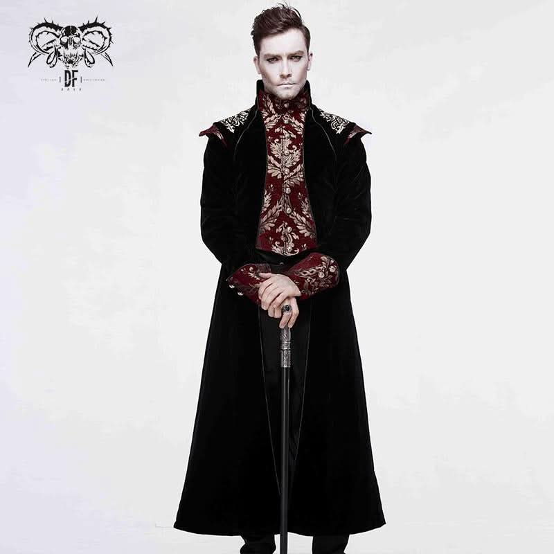 Gothic Jacquard Black Stand Collar Embroidery Men Long Coat