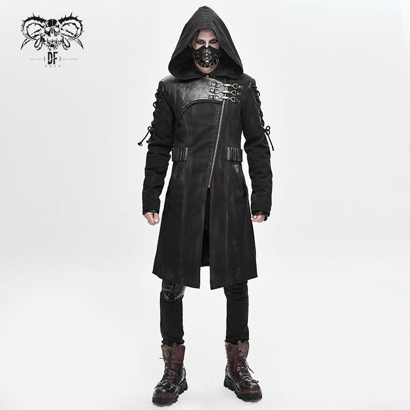 Hand Painted Faded Steampunk Denim Tattered Hooded Coat For Men