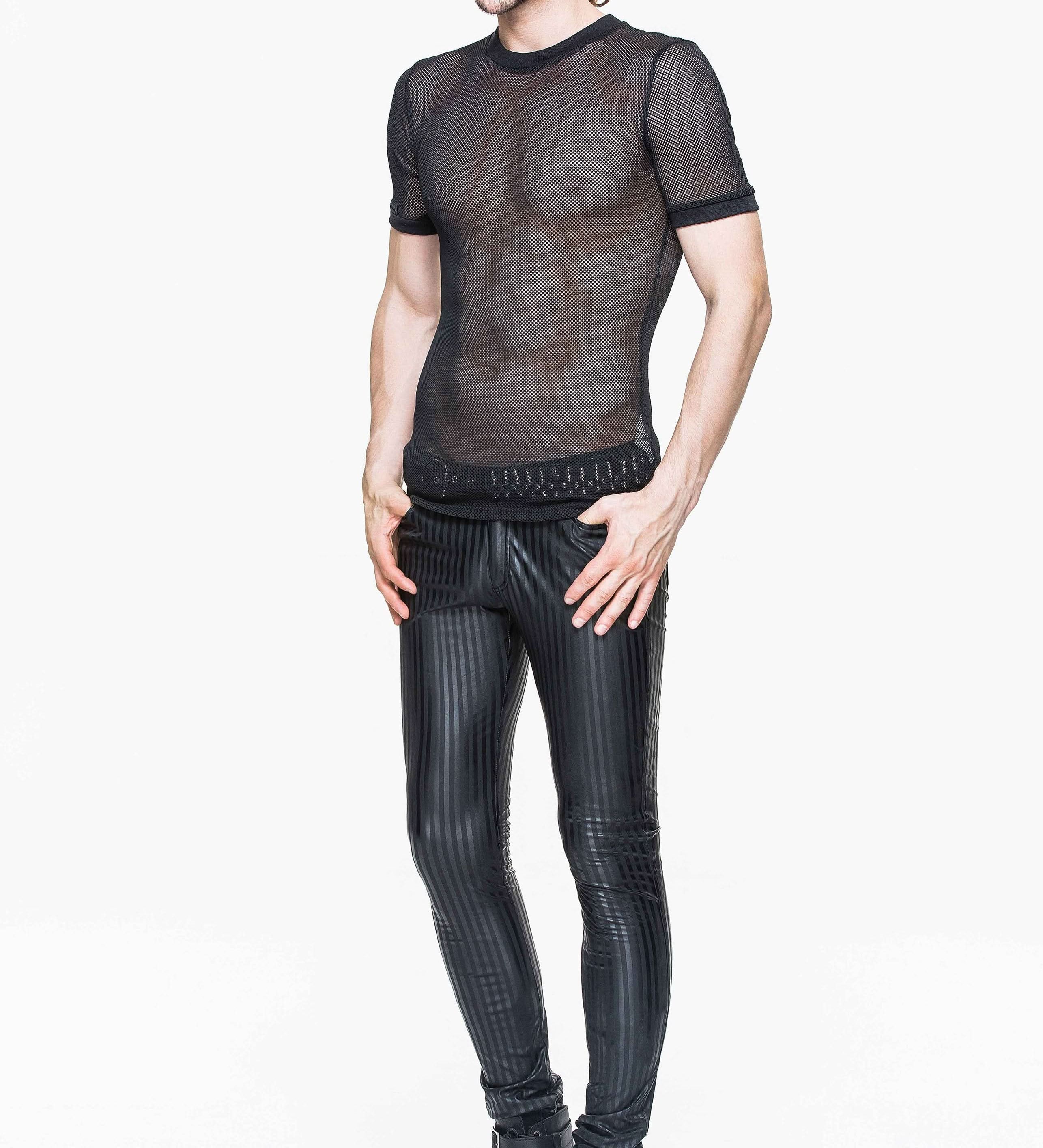 Autumn And Winter Men Daily Life Style Vertical Stripes Elastic Punk Leather Trousers