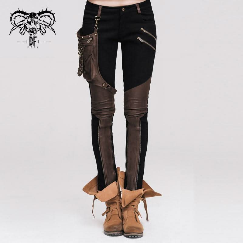 Everyday Wearing Steampunk Women Color Matching Coffee Pants With Leg Bag
