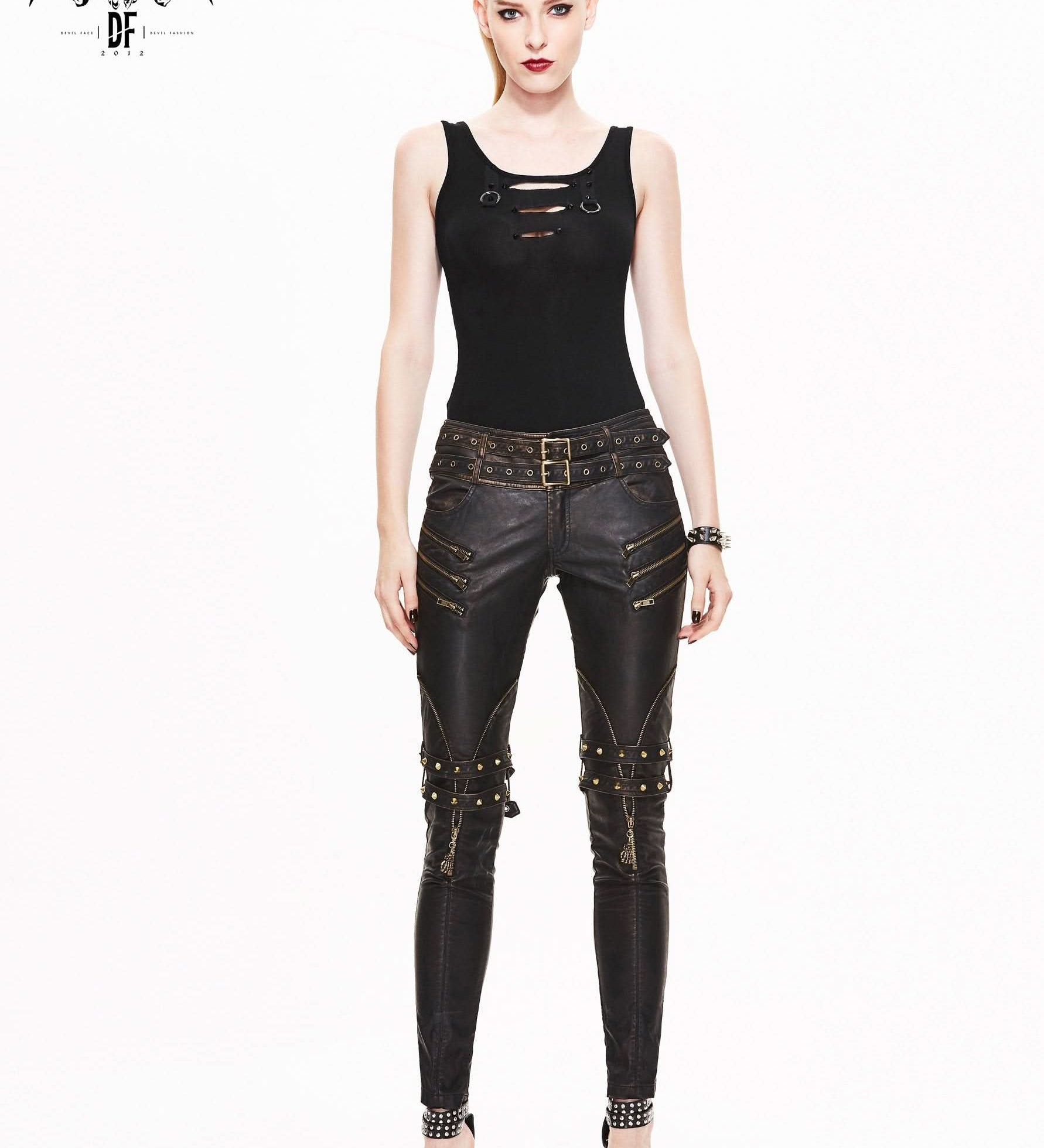 Sping False Boots High Waist Black And Silver Women Hand Rubbed Leather Trousers µ丱±¾
