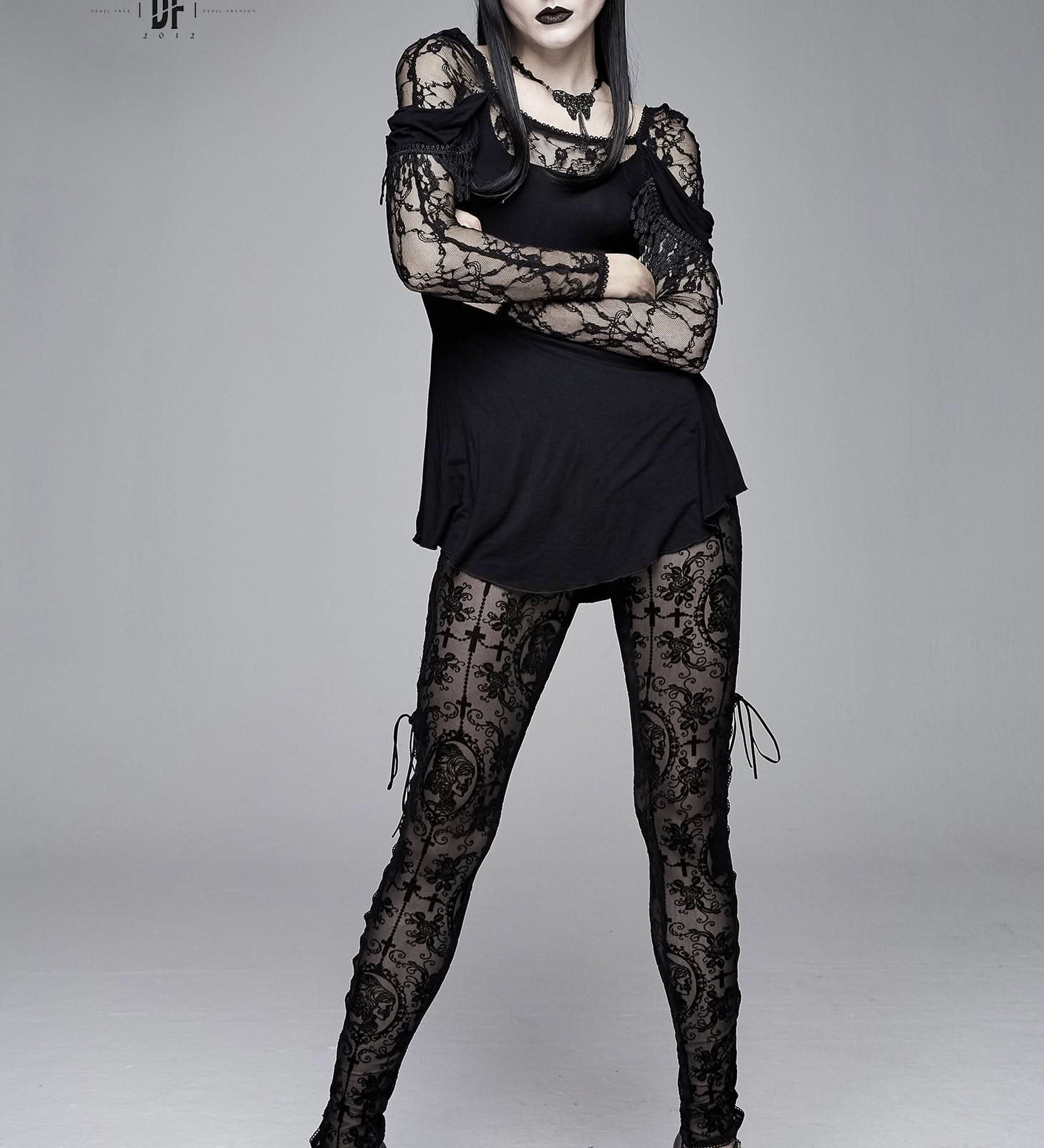 Gothic Black Queen Flocking Printing Sexy Women Elastic Waistband Mesh Leggings