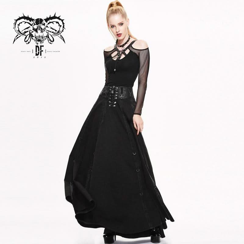 Torn Multiple Wearing Leather Waistband Women Punk Rock Black Flowing Long Half Skirt