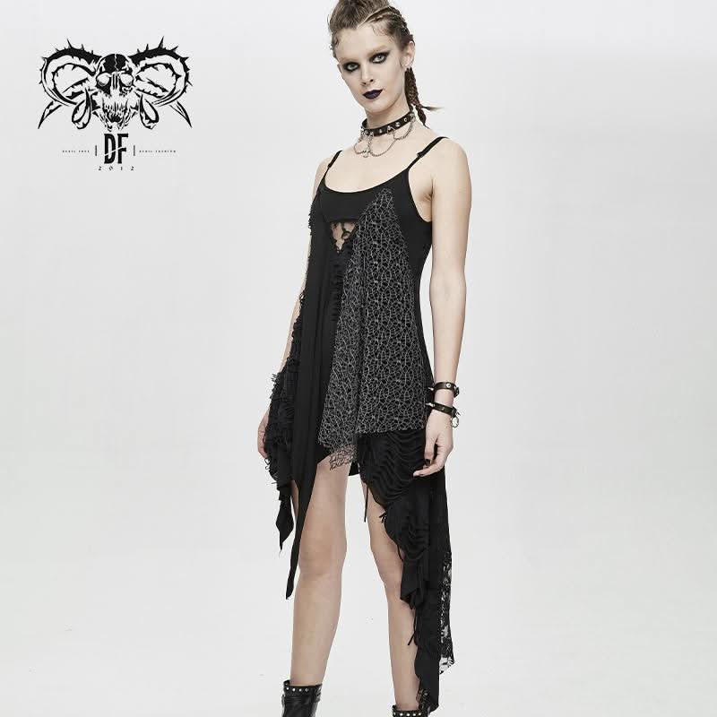 Daily Asymmetrical Punk Black Gray Torn Broken Holes Knitted Women Slip Dress