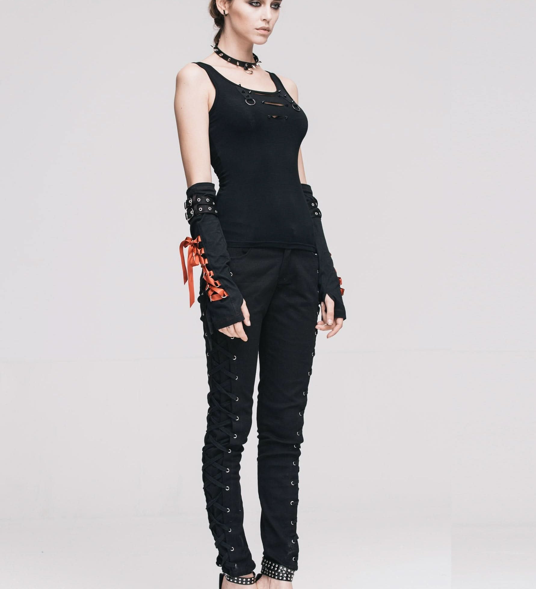 Daily Life Punk Style Lace Up Stretchy Black Women Pants
