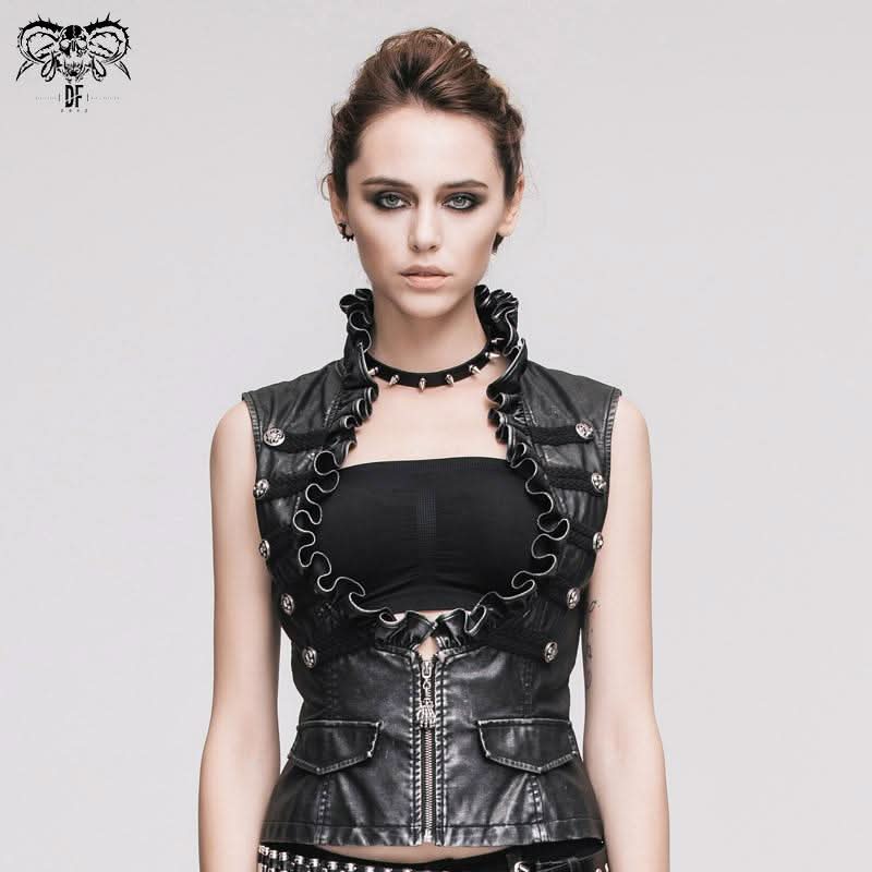 Black And Silver Big Opening Chest Wave Collar Sexy Lady Leather Waistcoats
