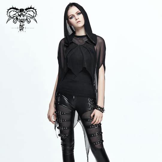 Ca008 Black Women Punk Hooded Mesh Bat Shawl
