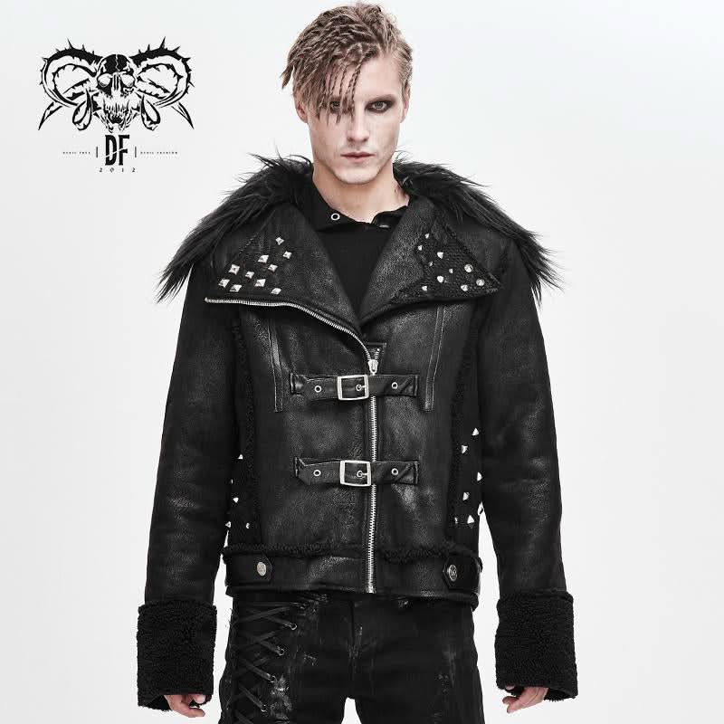 Decadent Punk Warm Spiked Fur Collar Men Wool Short Jacket With Loops