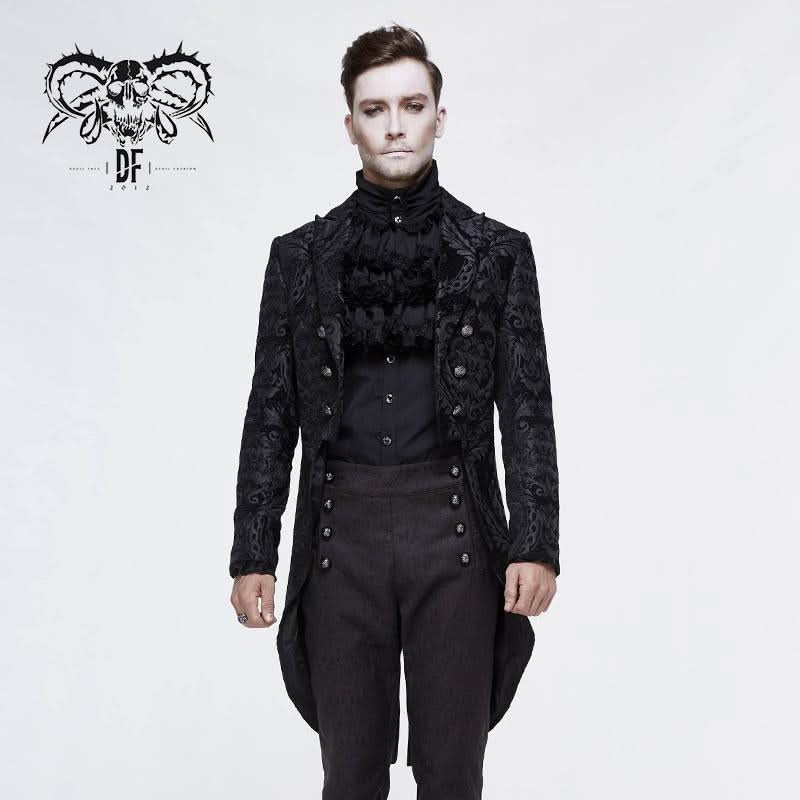 Gothic Jacquard High Low Men Warm Black Dress Coat With Slit