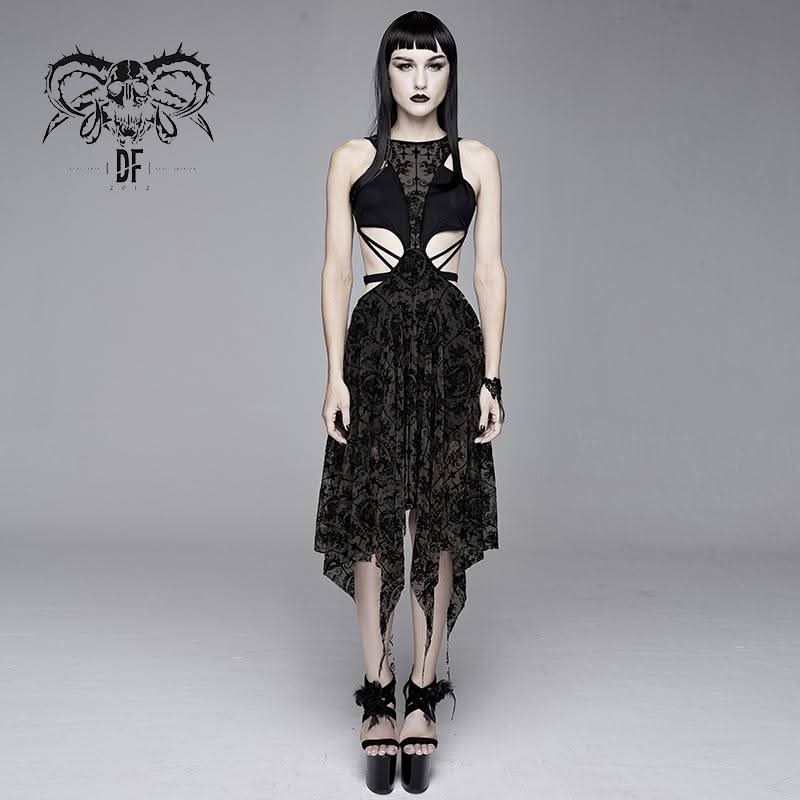 Semilucent Black Queen Cross Flocking Printed Sleeveless Sexy Women Mesh Dress