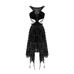 Semilucent Black Queen Cross Flocking Printed Sleeveless Sexy Women Mesh Dress