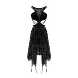Semilucent Black Queen Cross Flocking Printed Sleeveless Sexy Women Mesh Dress