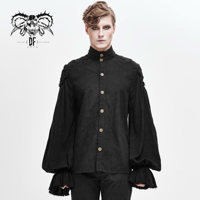 Steampunk Puff Sleeve Dark Grain Jacquard Cotton And Linen Men Black Shirts