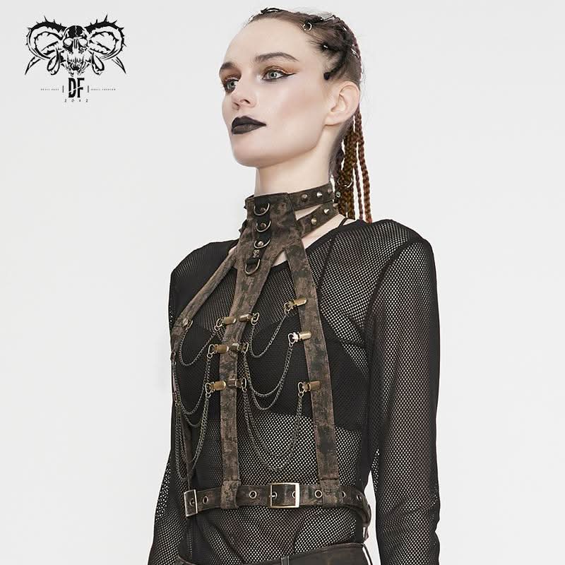 Steampunk Accessories Brown Women Distressed Body Harness With Chains