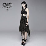 Semilucent Black Queen Cross Flocking Printed Sleeveless Sexy Women Mesh Dress