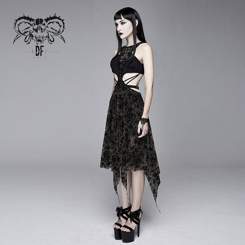 Semilucent Black Queen Cross Flocking Printed Sleeveless Sexy Women Mesh Dress